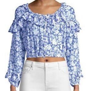 LoveShackFancy, cropped top Floral Ruffle Popover‎ Top, Biscayne Blue Size L